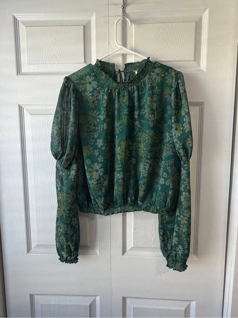 Free People Green Floral Smocked Hem Long Sleeve Blouse